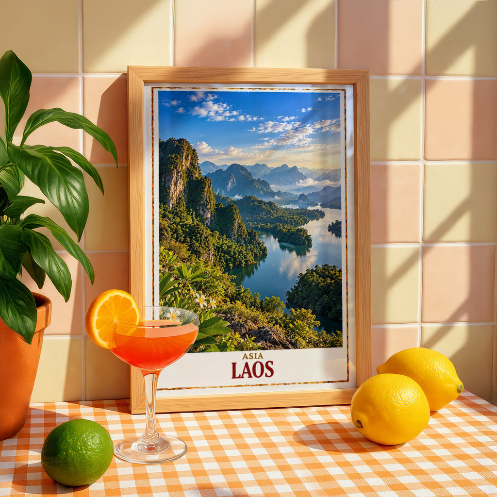 Laos Travel Poster, Southeast Asia Landscape Print, Mekong River Wall Art, Karst Mountains, Tropical Nature Decor, Living Room Poster