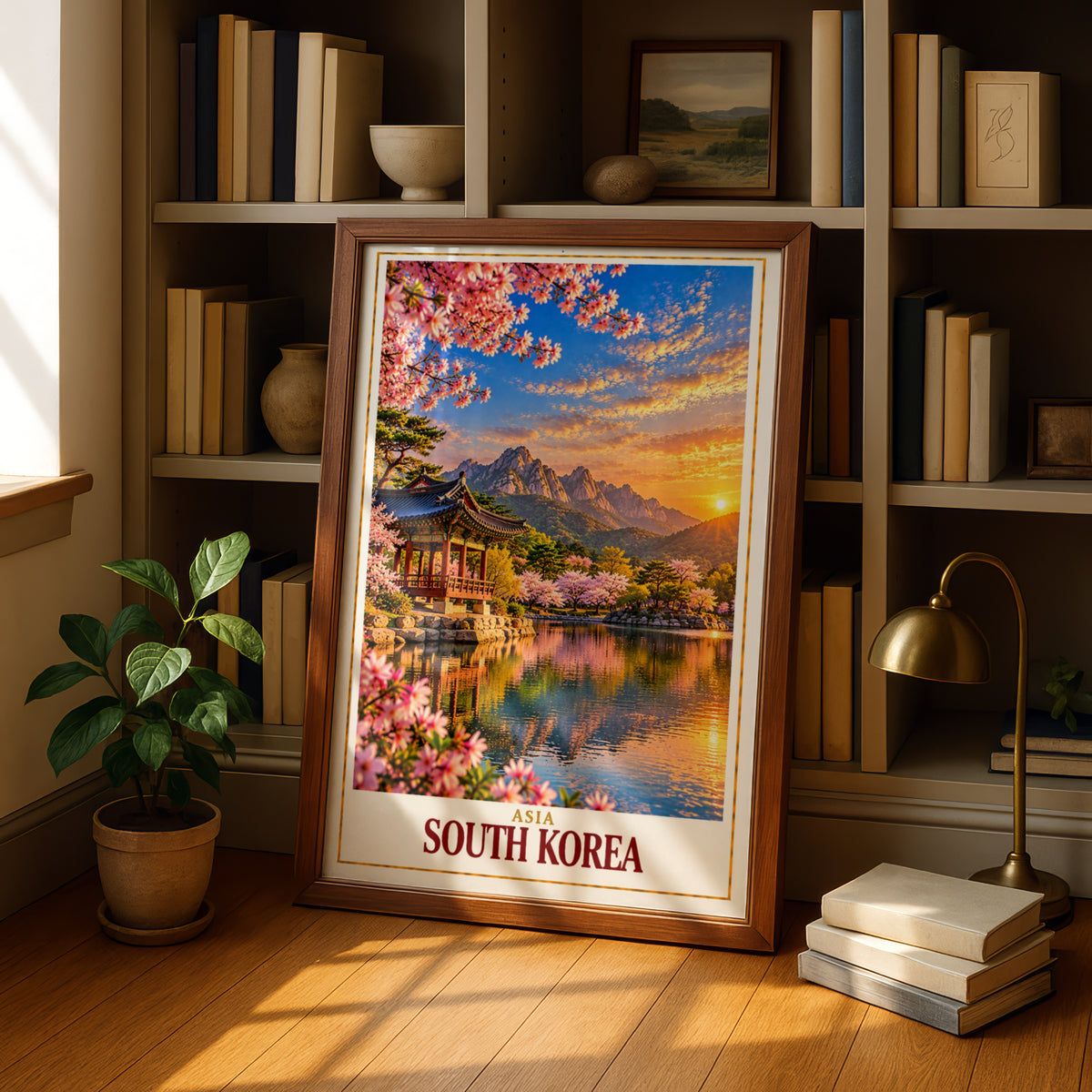 South Korea Travel Poster, Korean Pavilion Cherry Blossom Wall Art, Asia Sunset Landscape Print, Seoul Inspired Home Decor Gift