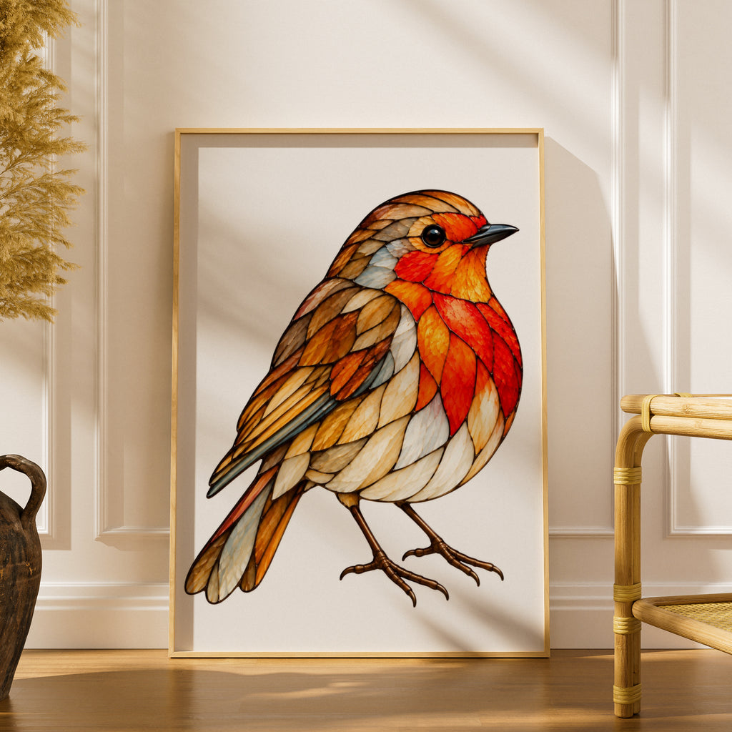 Stained Glass Robin Poster, British Robin Redbreast Wall Art, Orange Red Bird Print, Nature Wildlife Decor, Garden Bird Art Gift