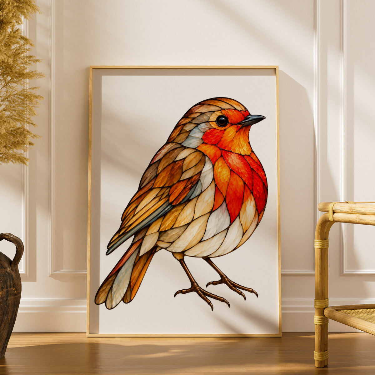 Stained Glass Robin Poster, British Robin Redbreast Wall Art, Orange Red Bird Print, Nature Wildlife Decor, Garden Bird Art Gift