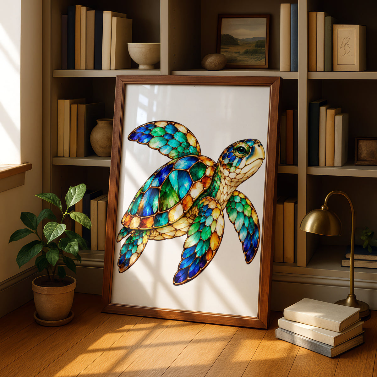 Stained Glass Sea Turtle Poster, Colourful Ocean Animal Wall Art, Teal Blue Green Gold Turtle Print, Coastal Nautical Home Decor Gift