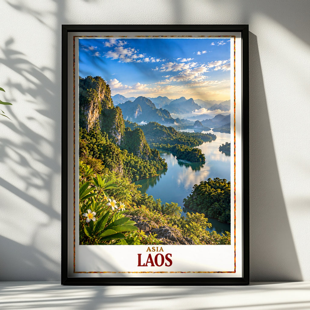 Laos Travel Poster, Southeast Asia Landscape Print, Mekong River Wall Art, Karst Mountains, Tropical Nature Decor, Living Room Poster