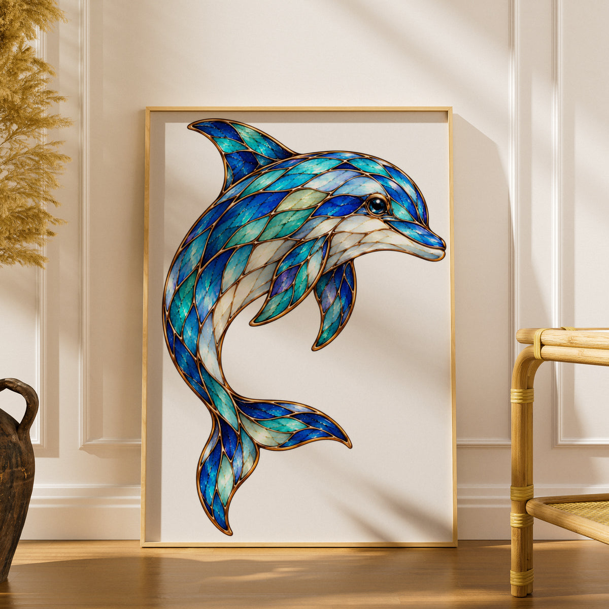 Stained Glass Dolphin Poster, Blue Teal Ocean Wall Art, Mosaic Style Dolphin Print, Coastal Nautical Decor, Marine Wildlife Art Gift