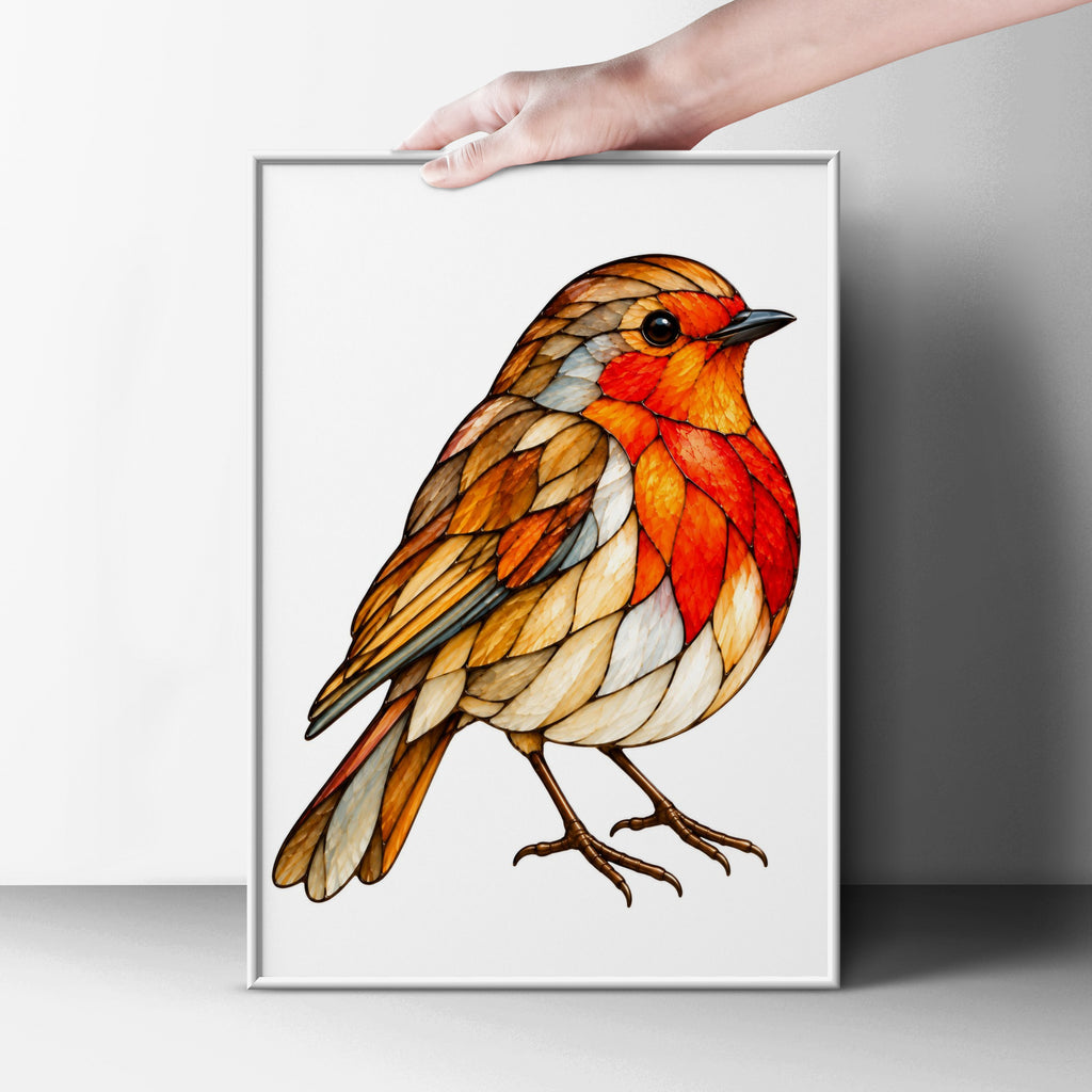 Stained Glass Robin Poster, British Robin Redbreast Wall Art, Orange Red Bird Print, Nature Wildlife Decor, Garden Bird Art Gift