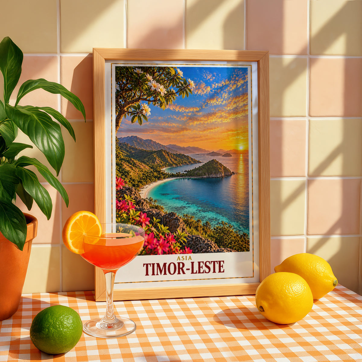 Timor-Leste Travel Poster, East Timor Coastal Sunset Wall Art, Tropical Island Beach Print, Southeast Asia Home Decor, Frangipani Artwork