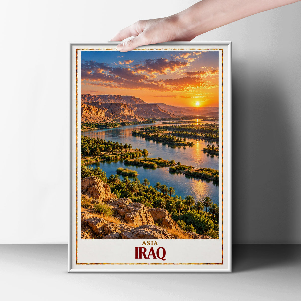 Iraq Travel Poster, Mesopotamia River Sunset Wall Art, Middle East Landscape Print, Palm Trees Desert Scenery, Iraqi Home Decor Gift
