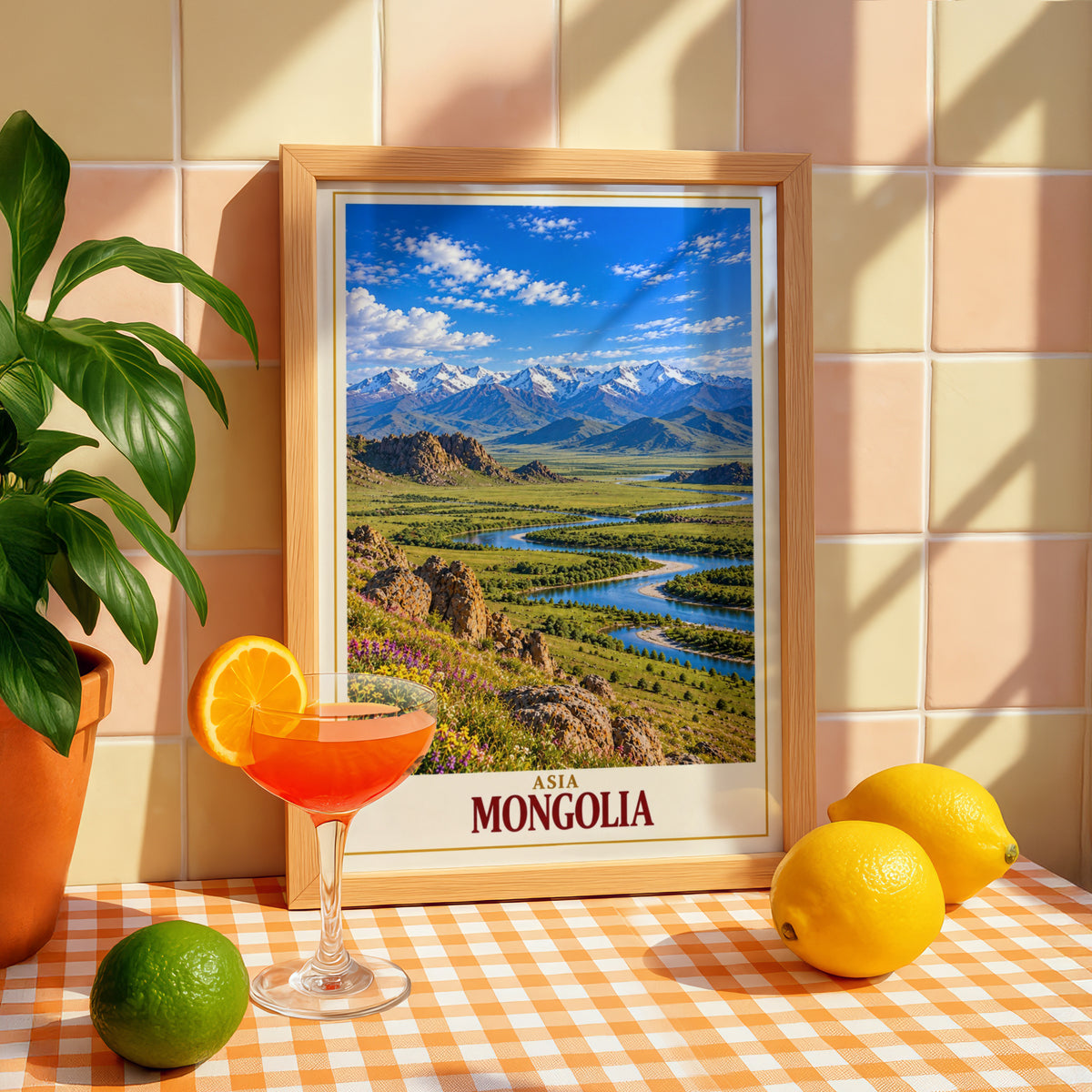 Mongolia Travel Poster, Mongolian Steppe Landscape Wall Art, Asia Mountain River Print, Green Valley Scenic Nature Poster, Adventure Decor