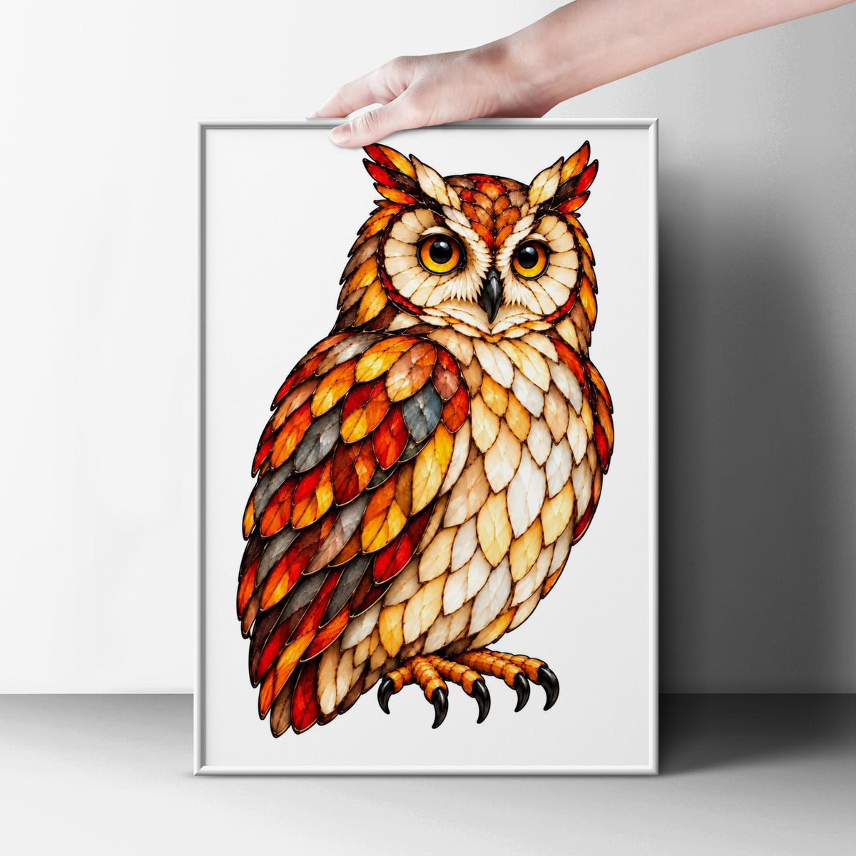 Stained Glass Owl Poster, Colourful Bird Wall Art, Orange Red Autumn Owl Print, Wildlife Decor, Bold Feather Art for Living Room or Study