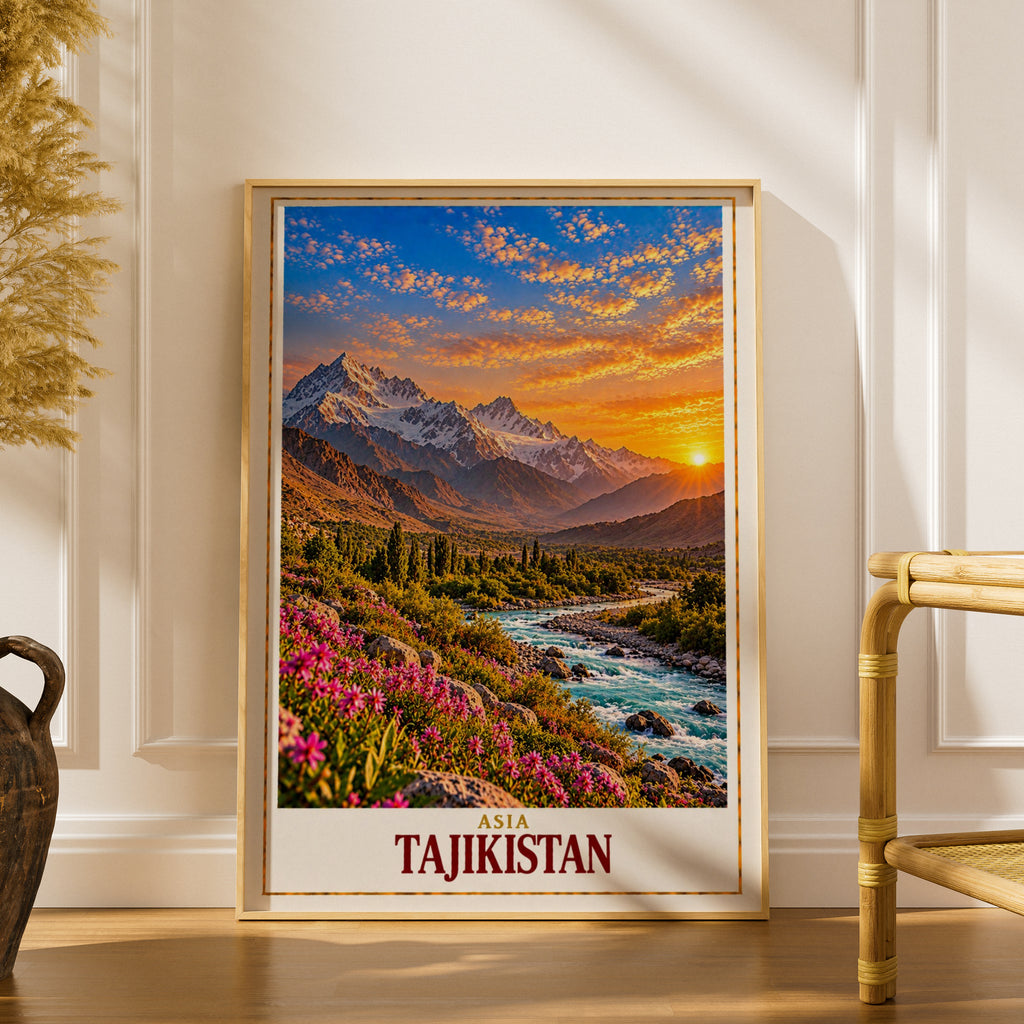 Tajikistan Travel Poster, Central Asia Mountain Landscape Print, Pamir Sunset Wall Art, Turquoise River Pink Wildflowers Home Decor Gift