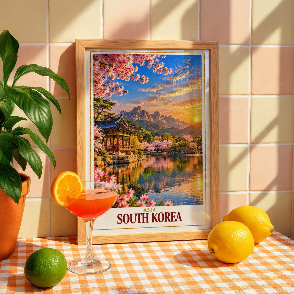 South Korea Travel Poster, Korean Pavilion Cherry Blossom Wall Art, Asia Sunset Landscape Print, Seoul Inspired Home Decor Gift