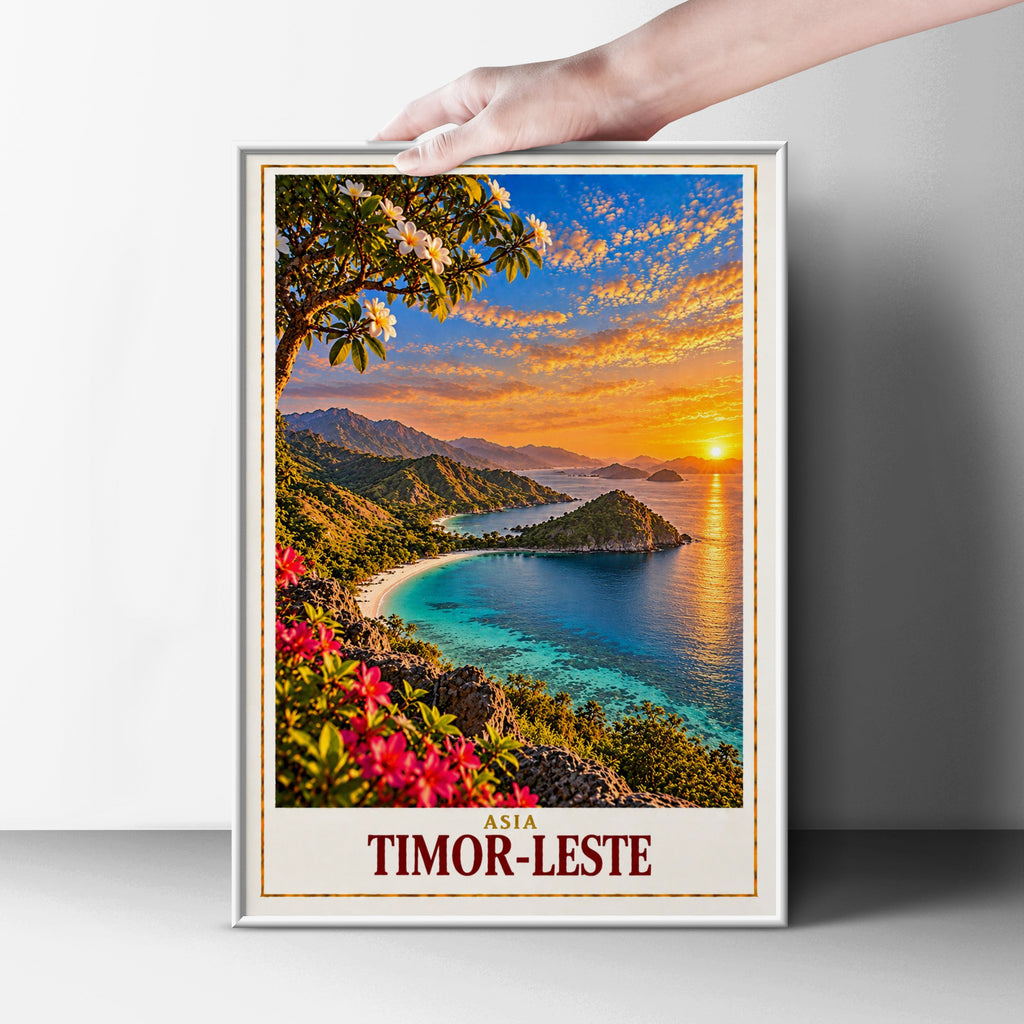 Timor-Leste Travel Poster, East Timor Coastal Sunset Wall Art, Tropical Island Beach Print, Southeast Asia Home Decor, Frangipani Artwork