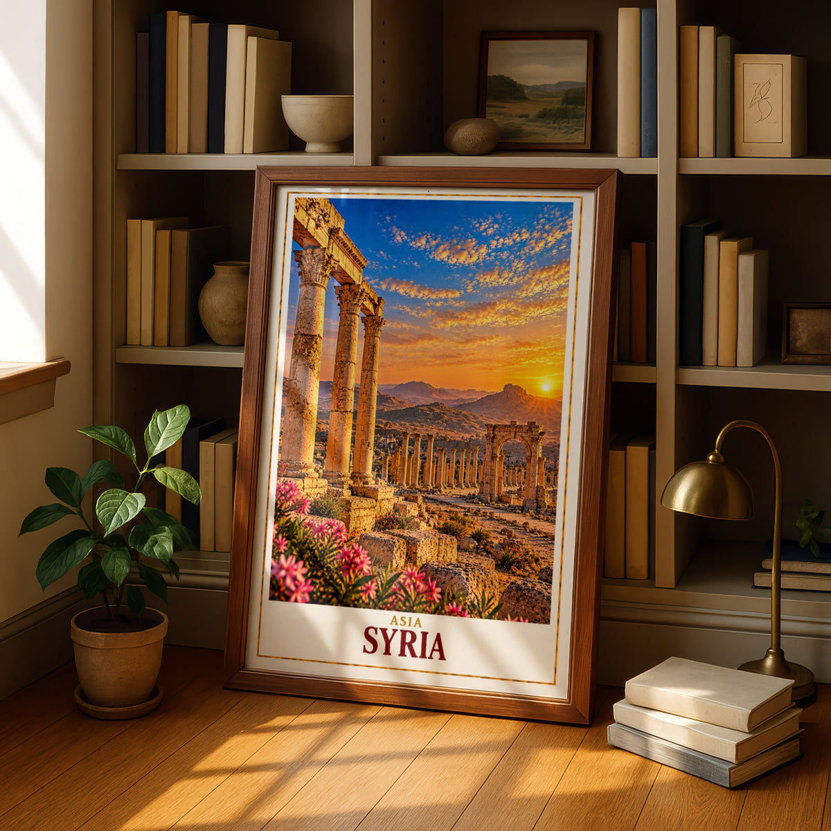 Syria Travel Poster, Palmyra Roman Ruins Wall Art, Ancient Columns Sunset Print, Middle East Archaeological Site, Historical Decor Gift