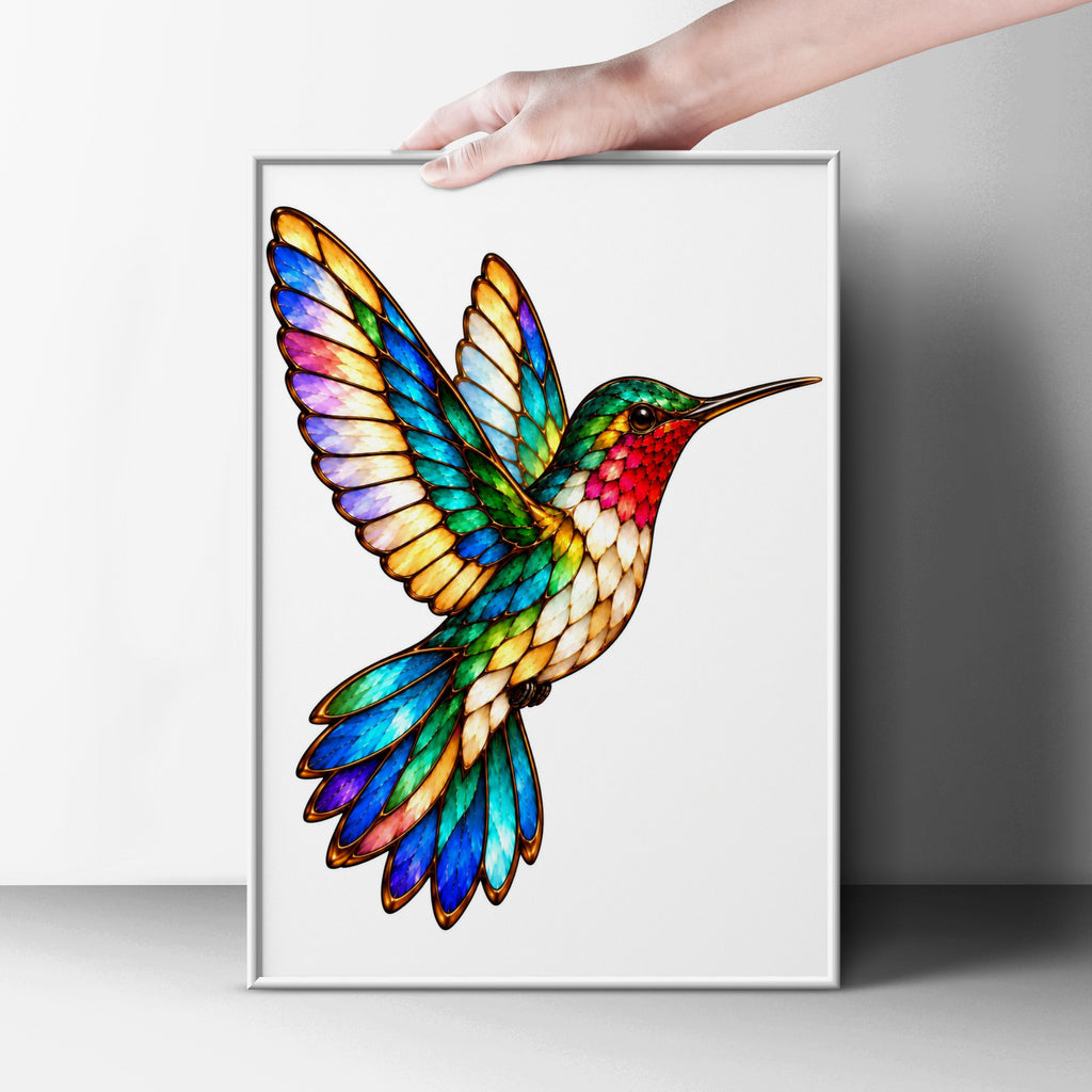 Stained Glass Hummingbird Poster, Colourful Bird Wall Art, Rainbow Feather Print, Nature Lover Gift, Living Room Bedroom Decor Poster