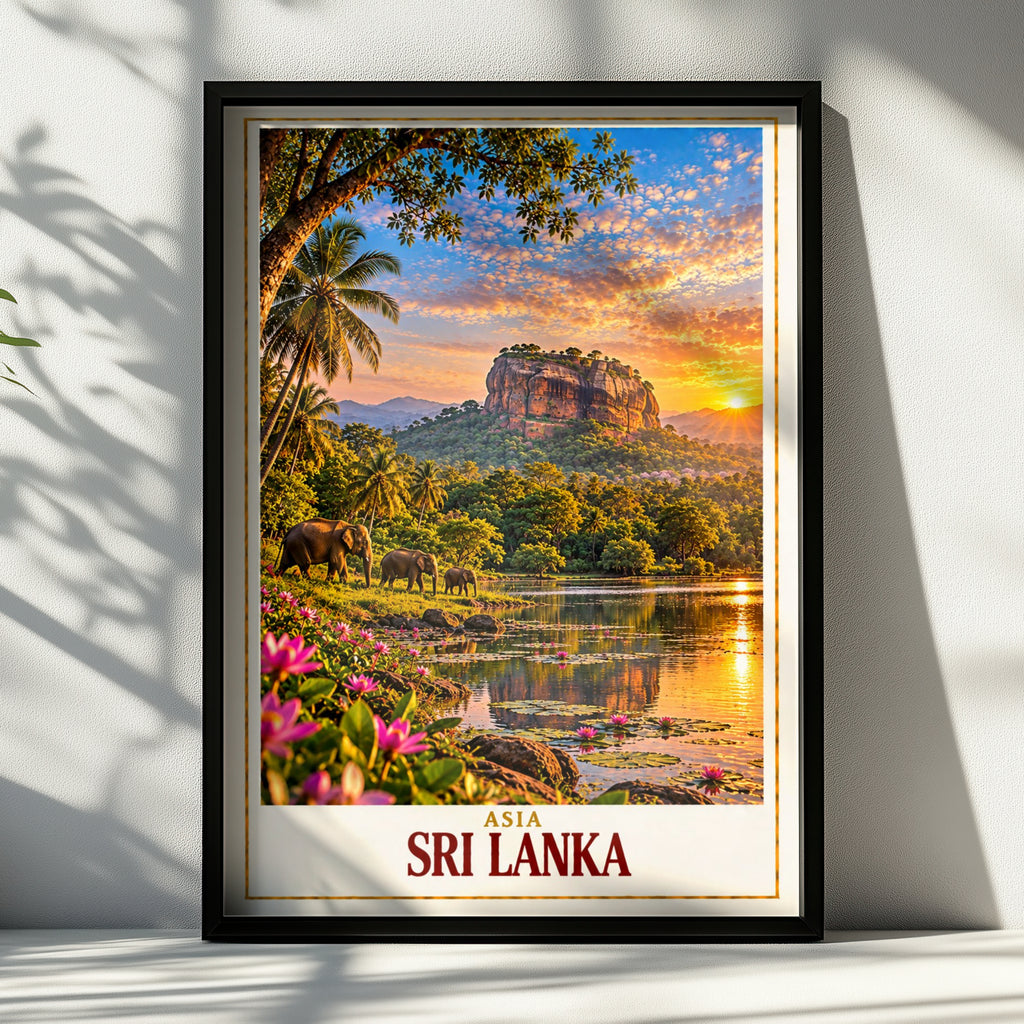 Sri Lanka Travel Poster, Sigiriya Rock Elephant Sunset Wall Art, Tropical Asia Print, Living Room Decor, Wanderlust Gift for Travellers