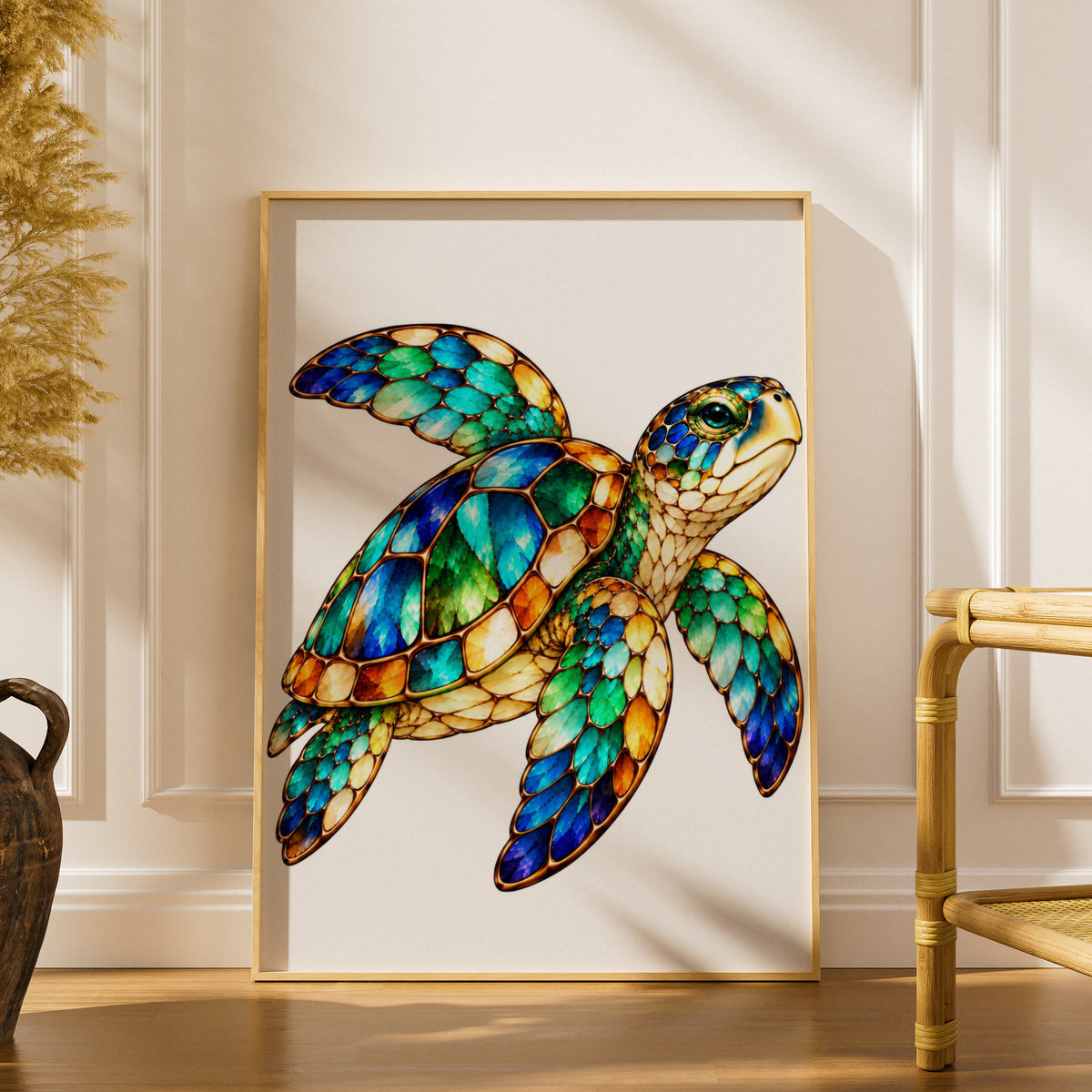 Stained Glass Sea Turtle Poster, Colourful Ocean Animal Wall Art, Teal Blue Green Gold Turtle Print, Coastal Nautical Home Decor Gift