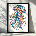Stained Glass Jellyfish Poster, Colourful Ocean Art Print, Teal Blue Purple Fantasy Sea Wall Art, Coastal Bedroom Decor, Jewelled Marine