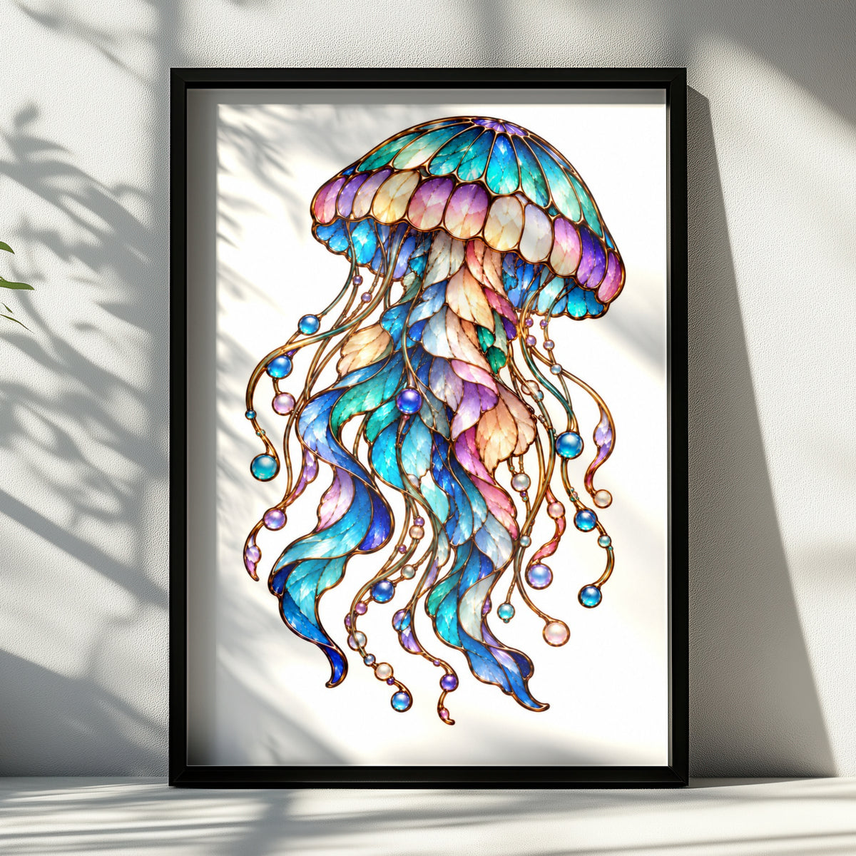 Stained Glass Jellyfish Poster, Colourful Ocean Art Print, Teal Blue Purple Fantasy Sea Wall Art, Coastal Bedroom Decor, Jewelled Marine