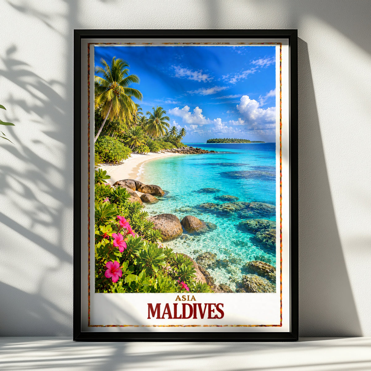 Maldives Travel Poster, Tropical Island Beach Print, Turquoise Ocean Wall Art, Palm Tree Paradise, Asian Holiday Gift, Coastal Home Decor