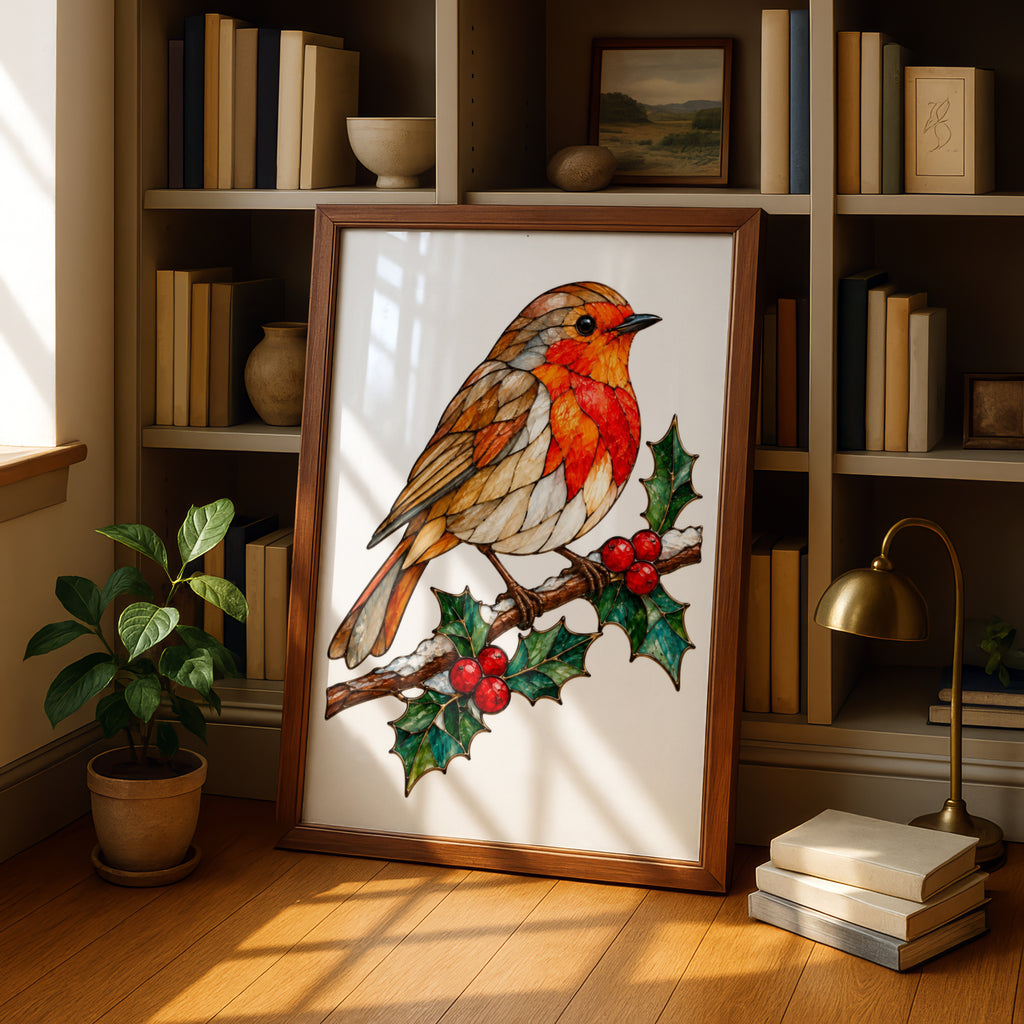 Robin on Holly Branch Stained Glass Style Poster, Christmas Robin Wall Art, Festive Bird Print, Traditional British Wildlife Decor