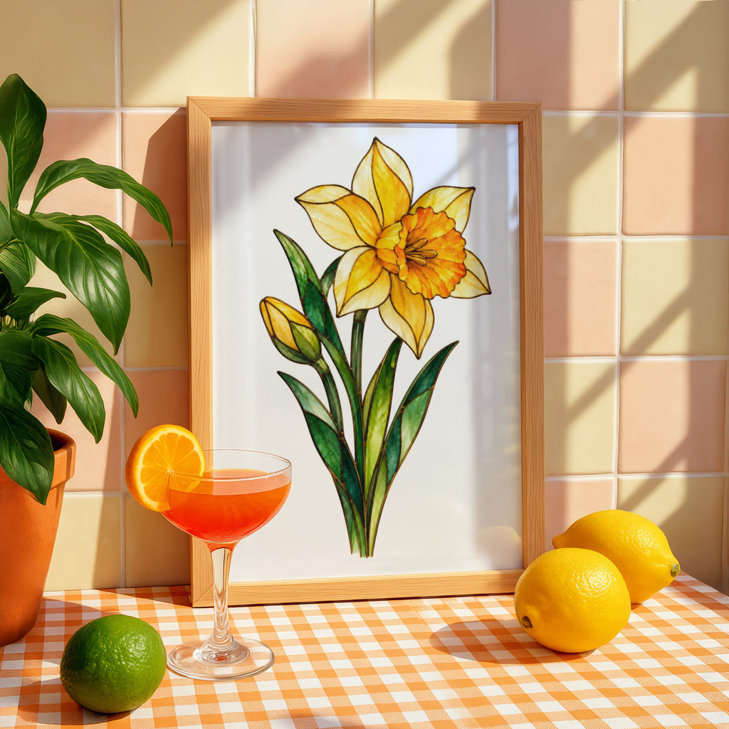 Daffodil Stained Glass Style Poster, Yellow Narcissus Flower Art Print, Spring Botanical Wall Art, Floral Home Decor, Living Room Print
