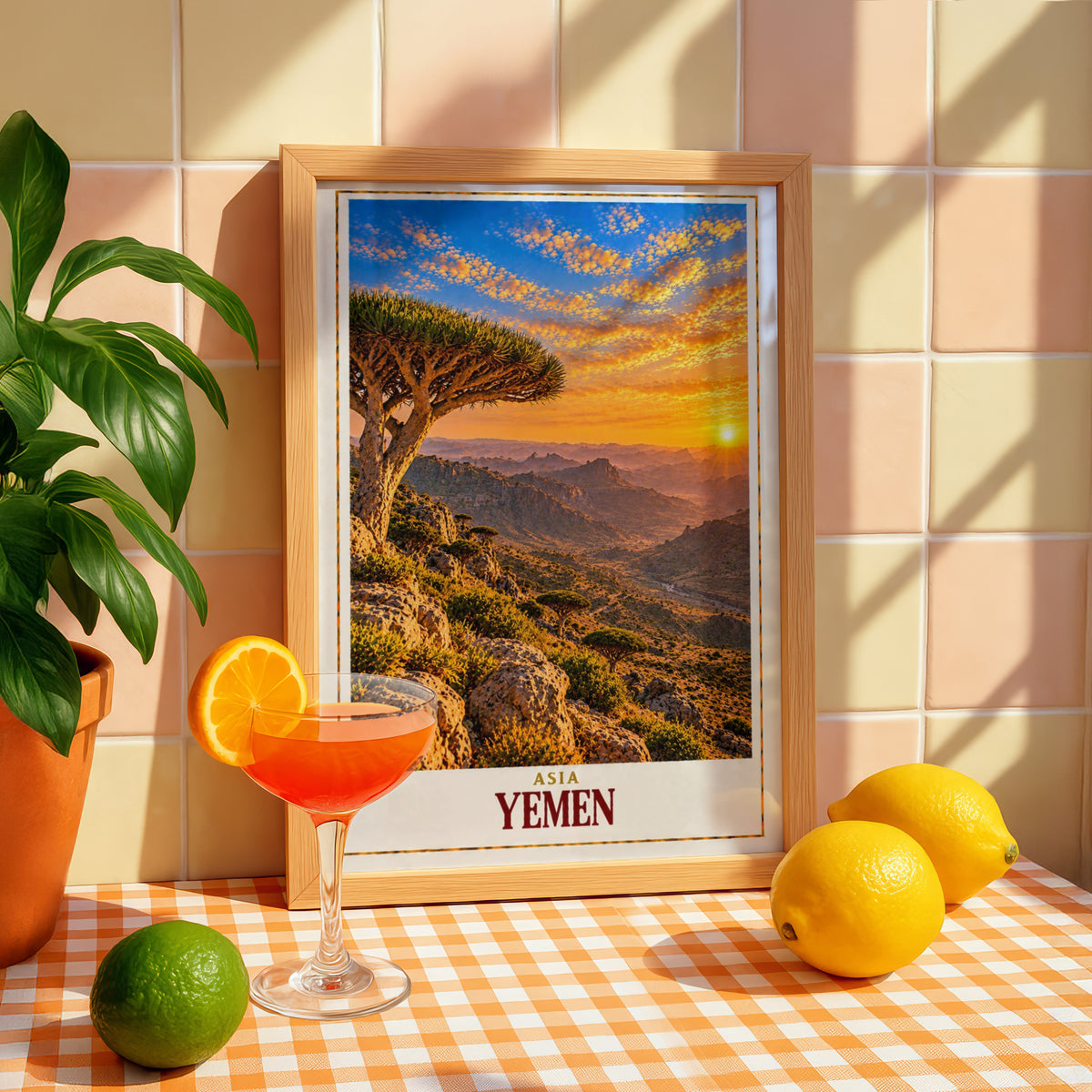 Yemen Travel Poster, Socotra Dragon Blood Tree Sunset Print, Middle East Wall Art, Arabian Landscape, Exotic Nature Decor, Asia Map Gift