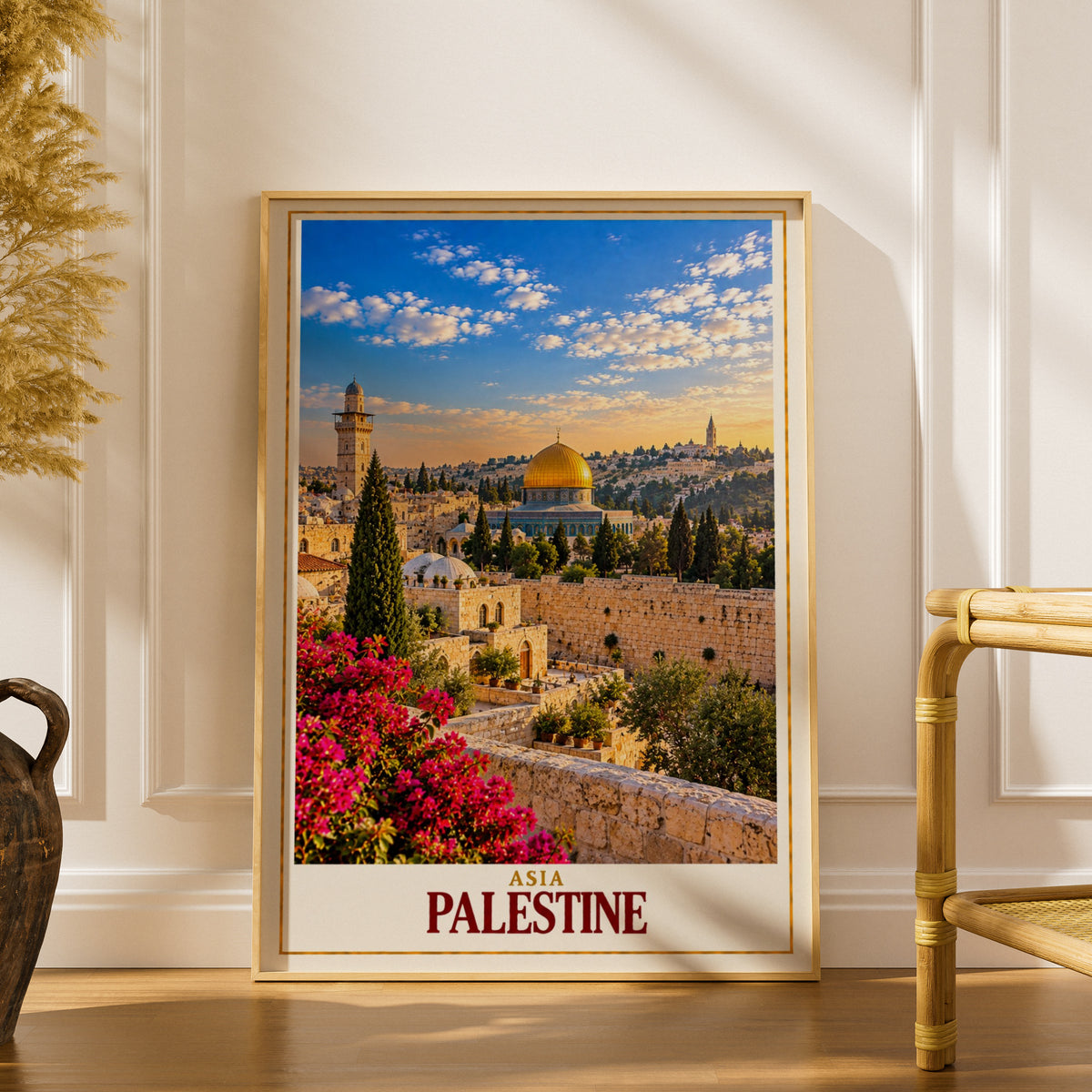 Palestine Travel Poster, Jerusalem Dome of the Rock Wall Art, Old City Print, Middle East Cityscape, Islamic Architecture Home Decor Gift