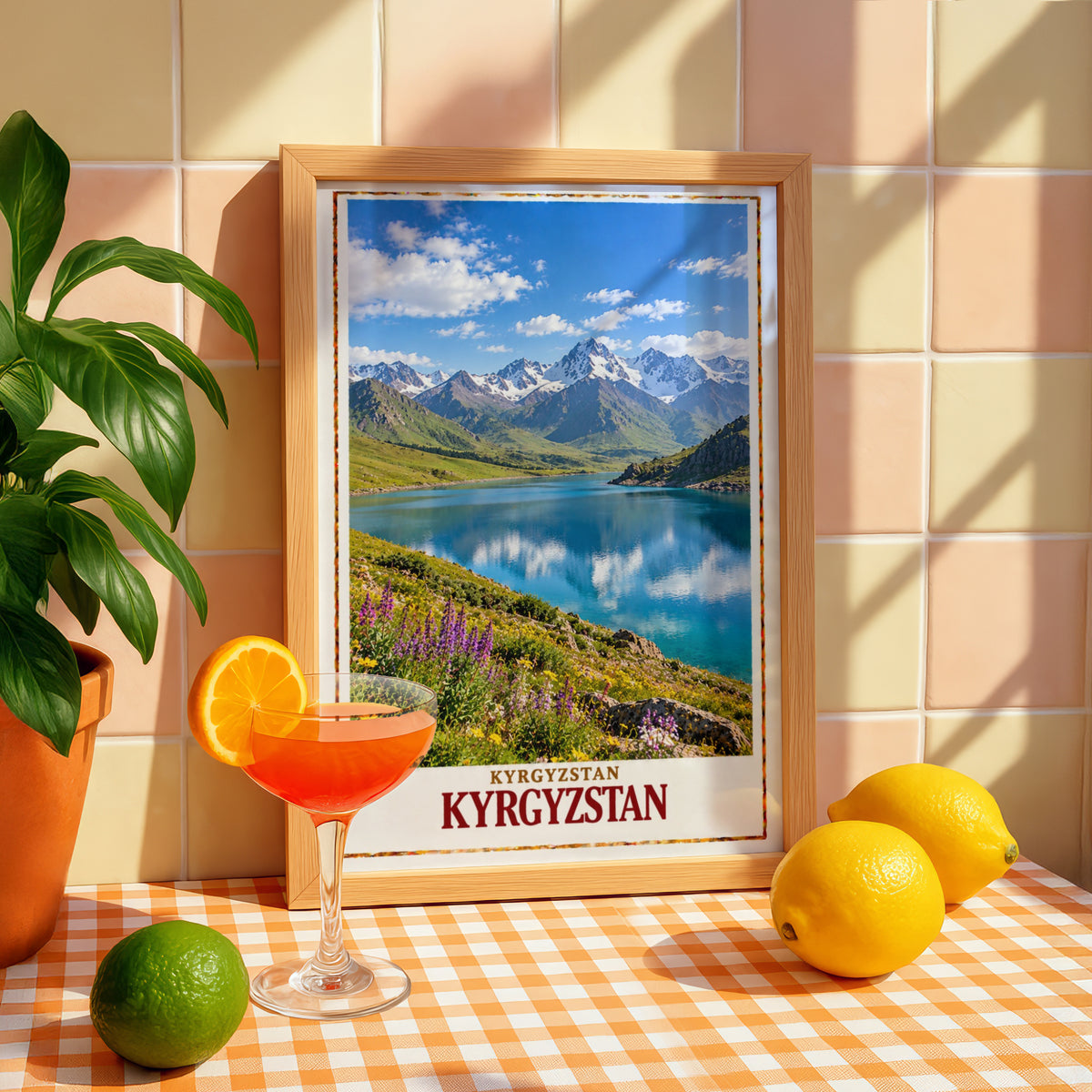 Kyrgyzstan Travel Poster, Central Asia Mountain Lake Wall Art, Tian Shan Snow Peaks Print, Alpine Wildflowers, Adventure Travel Gift