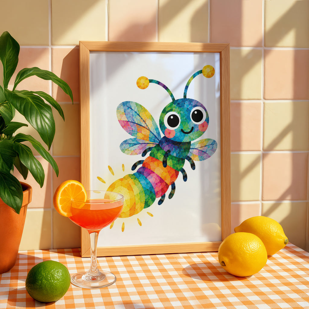Rainbow Bee Poster, Colourful Cute Bug Children's Wall Art, Kids Bedroom Print, Nursery Decor, Bright Mosaic Bumble Bee Poster for Playroom