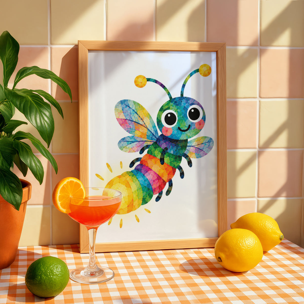 Rainbow Bee Poster, Colourful Cute Bug Children's Wall Art, Kids Bedroom Print, Nursery Decor, Bright Mosaic Bumble Bee Poster for Playroom