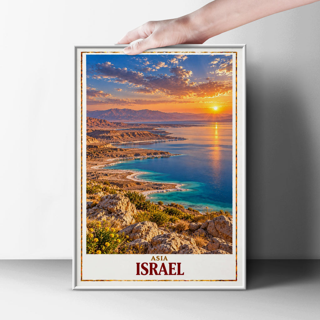 Israel Travel Poster, Dead Sea Sunset Wall Art, Middle East Landscape Print, Desert Coastline, Blue Water, Gift for Traveller, Home Decor