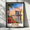 Singapore Travel Poster, Merlion Marina Bay Sands Sunset Wall Art, Asia City Skyline Print, Vibrant Tropical Home Decor Gift for Travellers