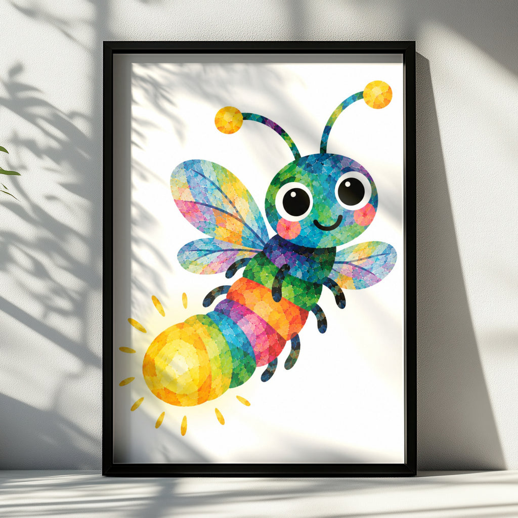 Rainbow Bee Poster, Colourful Cute Bug Children's Wall Art, Kids Bedroom Print, Nursery Decor, Bright Mosaic Bumble Bee Poster for Playroom
