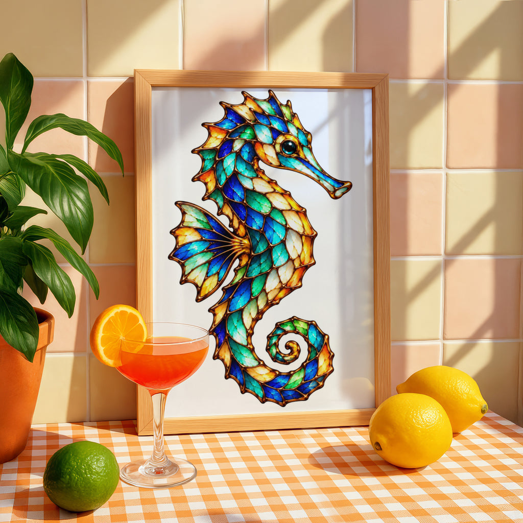 Stained Glass Seahorse Poster, Colourful Ocean Wall Art, Teal Blue Gold Sea Life Print, Coastal Bathroom Decor, Marine Wildlife Gift