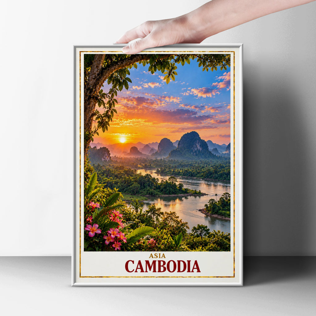 Cambodia Travel Poster, Southeast Asia Sunset River Landscape Print, Tropical Jungle Wall Art, Karst Mountains, Plumeria Flowers Decor