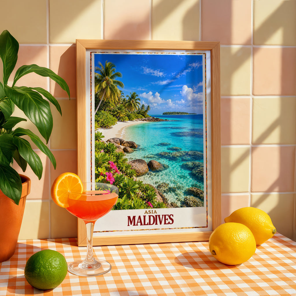 Maldives Travel Poster, Tropical Island Beach Print, Turquoise Ocean Wall Art, Palm Tree Paradise, Asian Holiday Gift, Coastal Home Decor