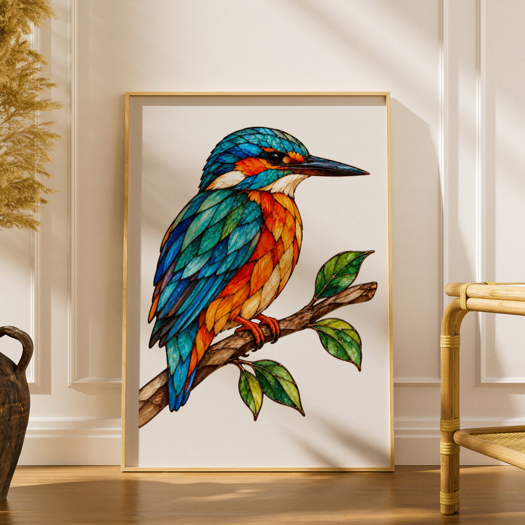 Stained Glass Kingfisher Poster, Colourful Bird Wall Art, Teal Orange Nature Print, Wildlife Decor, Bird Lover Gift, Botanical Branch Art