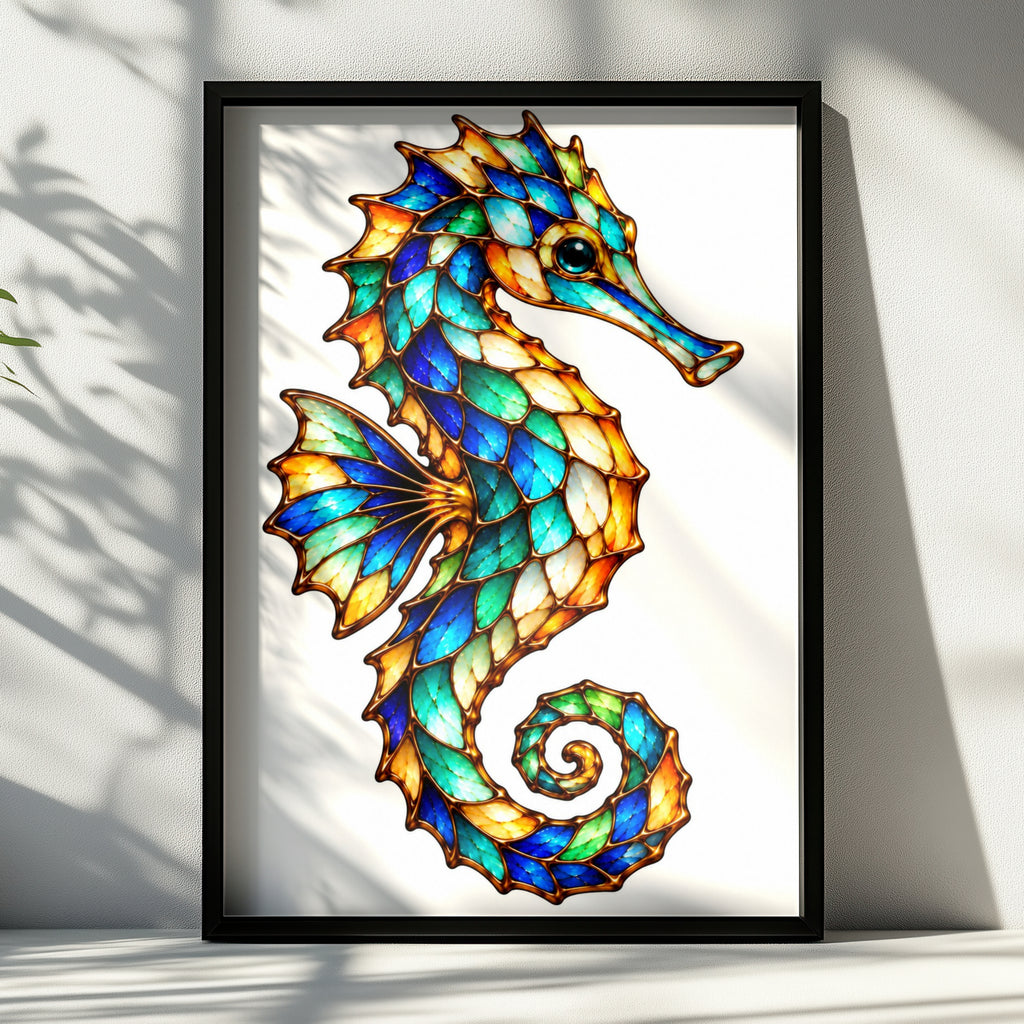 Stained Glass Seahorse Poster, Colourful Ocean Wall Art, Teal Blue Gold Sea Life Print, Coastal Bathroom Decor, Marine Wildlife Gift