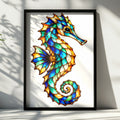 Stained Glass Seahorse Poster, Colourful Ocean Wall Art, Teal Blue Gold Sea Life Print, Coastal Bathroom Decor, Marine Wildlife Gift