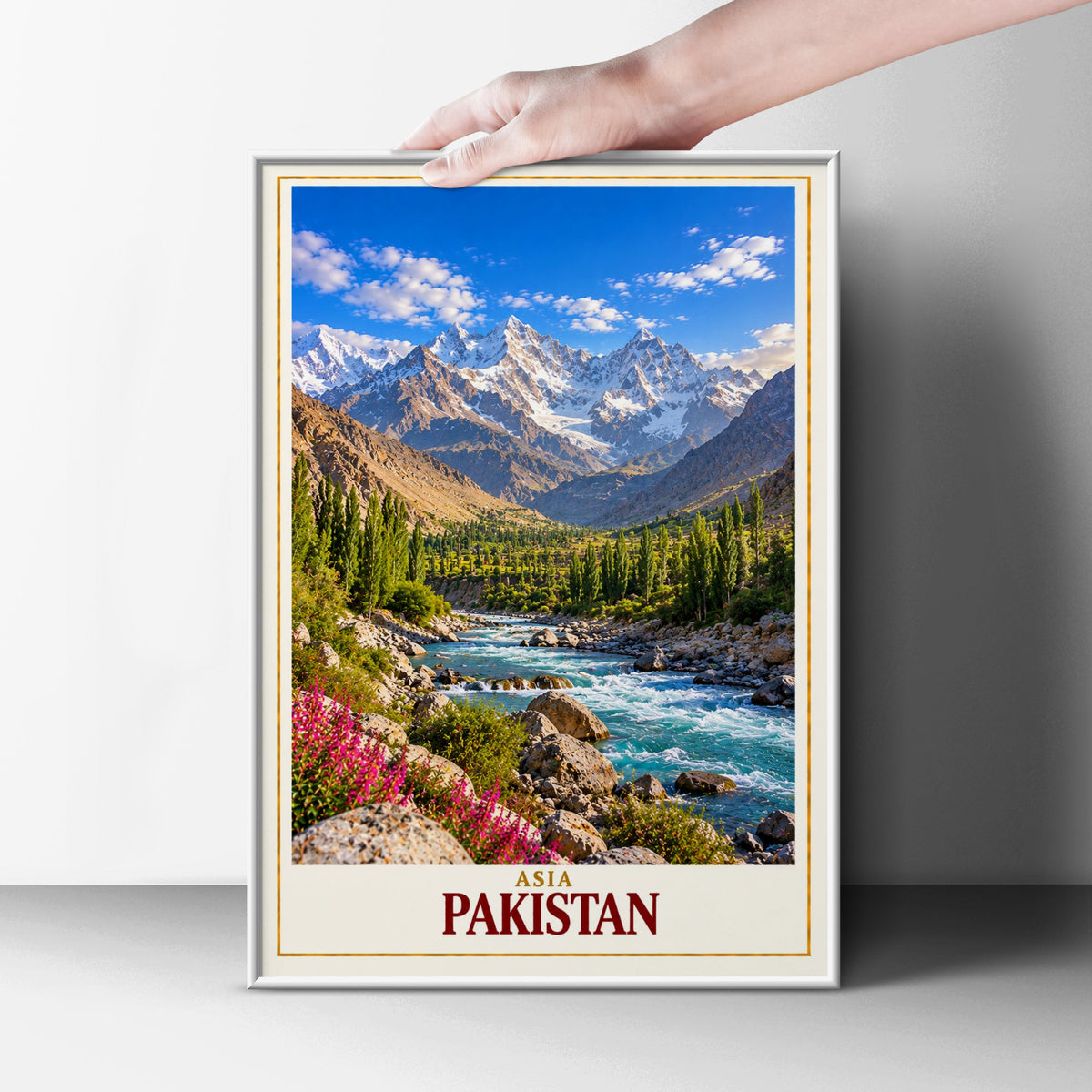 Pakistan Travel Poster, Karakoram Mountain Valley Wall Art, Turquoise River Landscape Print, Asian Adventure Home Decor Gift