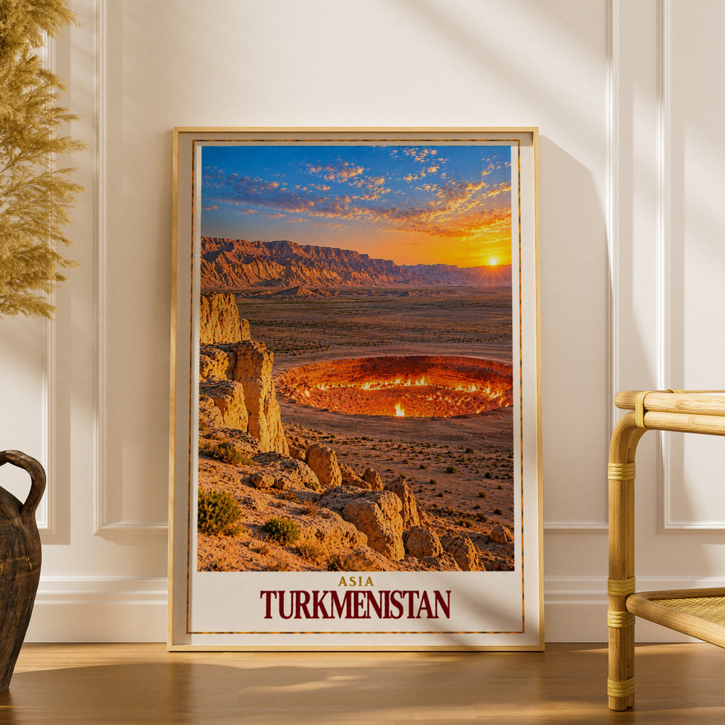 Turkmenistan Travel Poster, Door to Hell Darvaza Crater Wall Art, Central Asia Desert Landscape Print, Fiery Sunset Adventure Home Decor