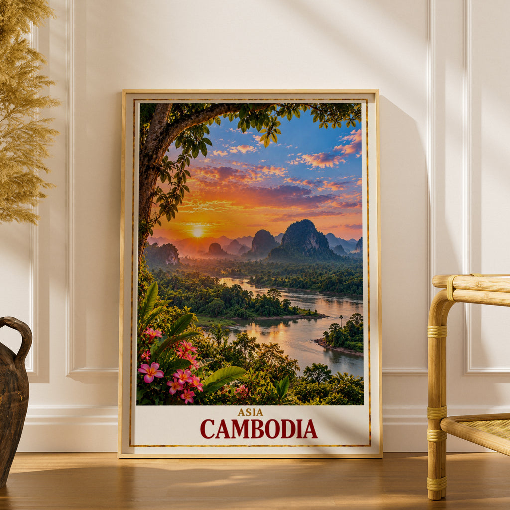 Cambodia Travel Poster, Southeast Asia Sunset River Landscape Print, Tropical Jungle Wall Art, Karst Mountains, Plumeria Flowers Decor