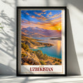 Uzbekistan Travel Poster, Central Asia Mountain Lake Sunset Wall Art, Silk Road Landscape Print, Adventure Home Decor Gift for Travellers