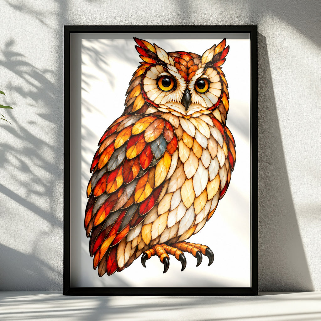 Stained Glass Owl Poster, Colourful Bird Wall Art, Orange Red Autumn Owl Print, Wildlife Decor, Bold Feather Art for Living Room or Study