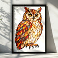 Stained Glass Owl Poster, Colourful Bird Wall Art, Orange Red Autumn Owl Print, Wildlife Decor, Bold Feather Art for Living Room or Study