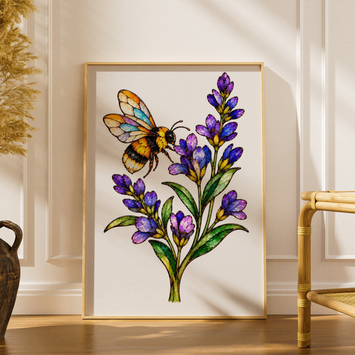 Bumblebee and Lavender Poster, Stained Glass Style Bee Wall Art, Purple Floral Print, Botanical Bee Art, Nature Lover Gift, Kitchen Decor