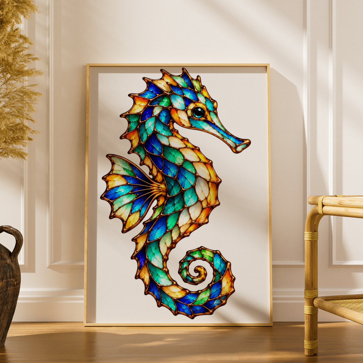 Stained Glass Seahorse Poster, Colourful Ocean Wall Art, Teal Blue Gold Sea Life Print, Coastal Bathroom Decor, Marine Wildlife Gift