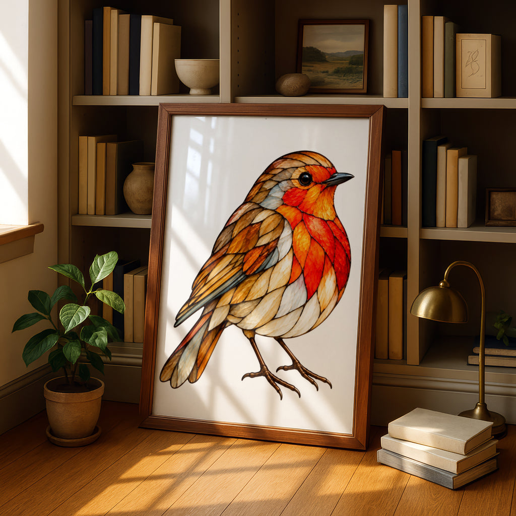 Stained Glass Robin Poster, British Robin Redbreast Wall Art, Orange Red Bird Print, Nature Wildlife Decor, Garden Bird Art Gift