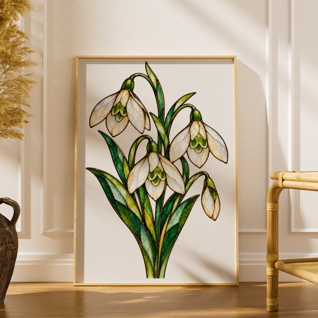 Snowdrop Flower Stained Glass Style Poster, Botanical Wall Art, Spring Floral Print, Green White Galanthus Art Nouveau Home Decor Gift