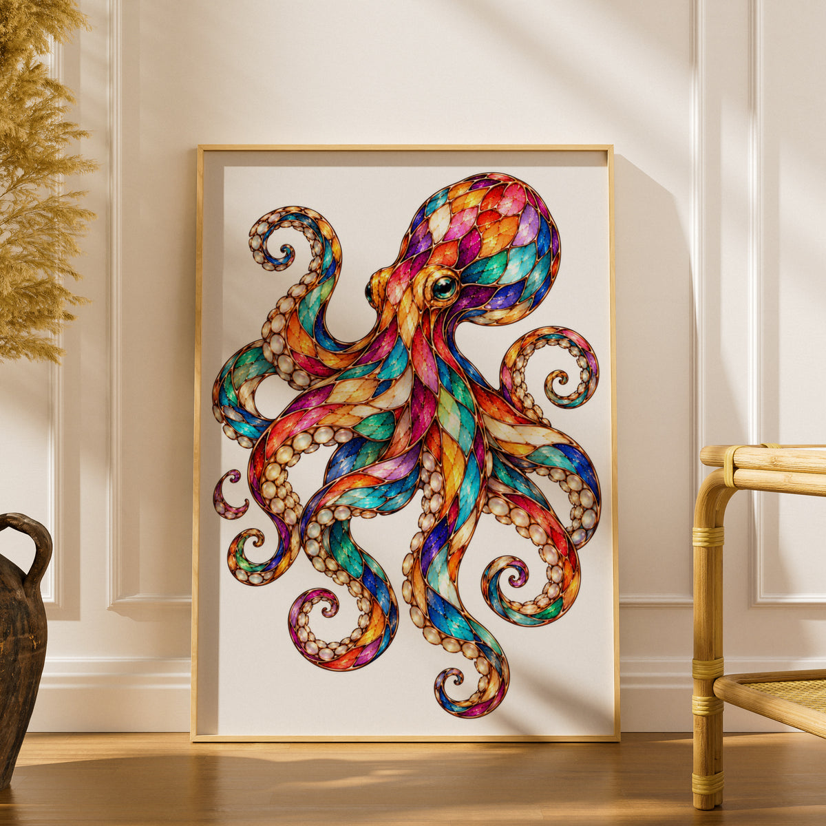 Colourful Octopus Poster, Stained Glass Style Wall Art, Jewelled Sea Creature Print, Ocean Animal Art, Boho Coastal Decor, Vibrant Fantasy