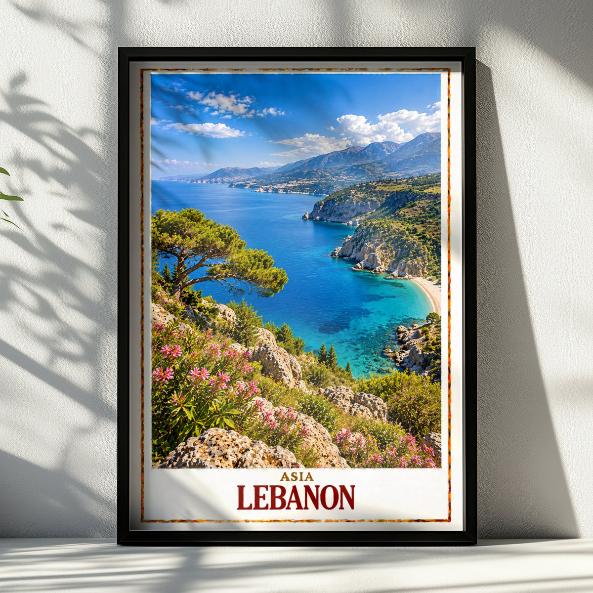 Lebanon Travel Poster, Mediterranean Coast Wall Art, Middle East Print, Turquoise Sea Coastal Landscape, Living Room Decor Gift